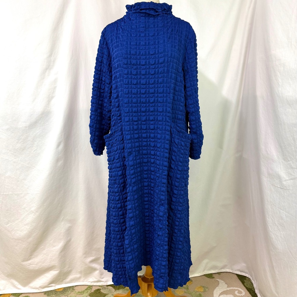 IC COLLECTION Blue Textured Bubble Check Dress Mock Neck Women's XXL Pockets